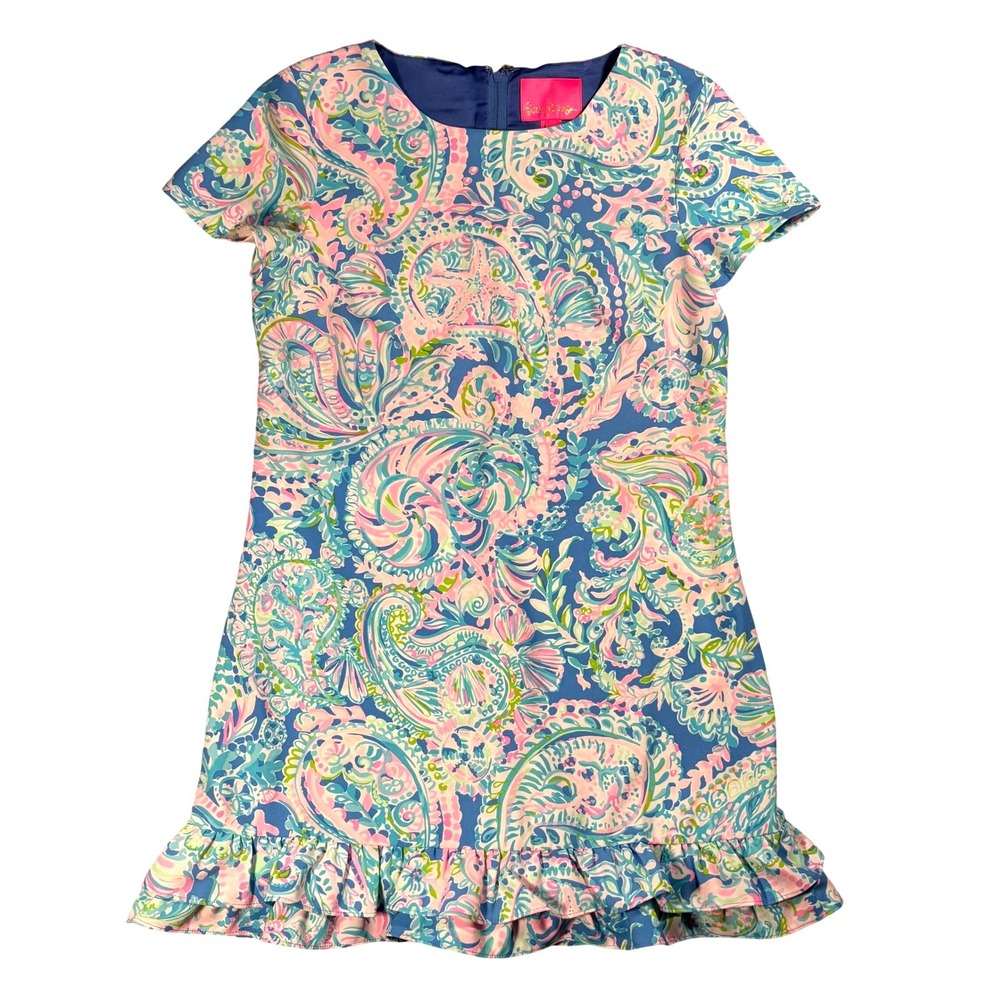 Lilly Pulitzer 4 Romper Dress w/ Shorts Blue Pink Paisley Ruffle Hem Beach Coast
